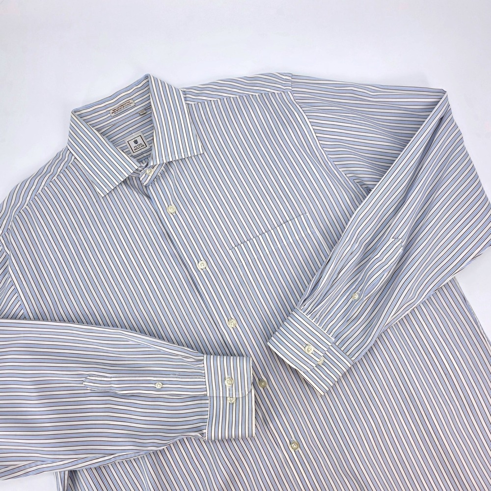 Peter Millar Mens‎ Blue Brown Striped Cotton Button Down Shirt Size 16.5 L
